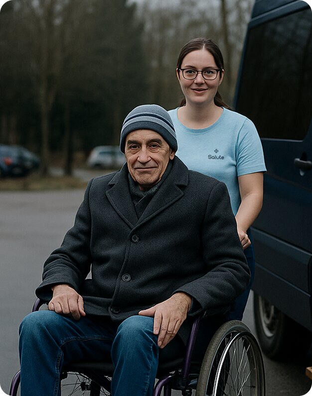 Driver wearing "Salute" branded t-shirt guiding a wheelchair passenger from the van.