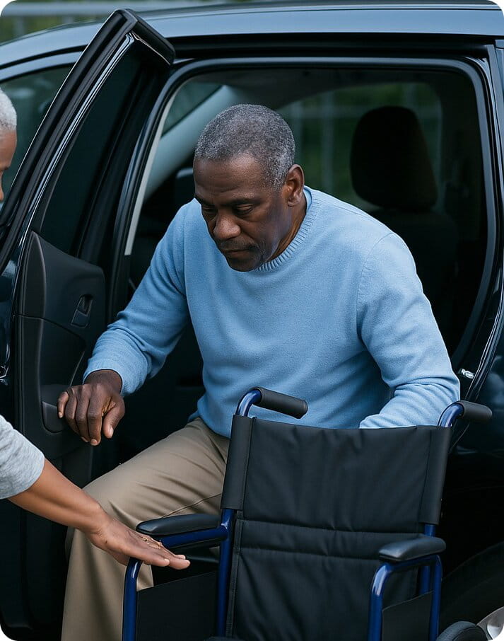 Wheelchair passenger receiving assistance while leaving the vehicle.